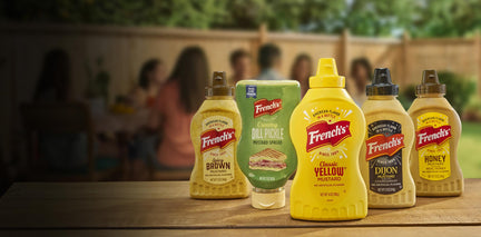 lineup of french's mustards including spicy brown, dill pickle, classic yellow, dijon, and honey mustard